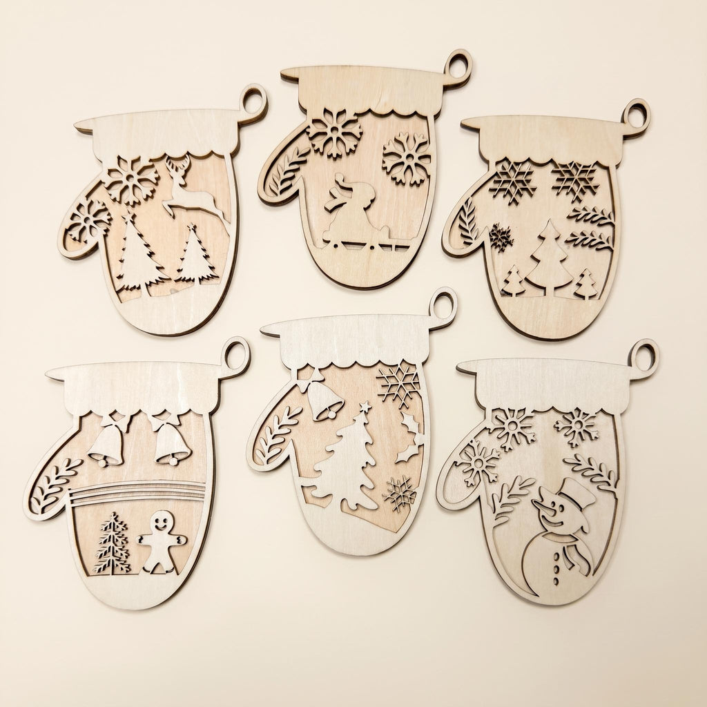 DIY Christmas Mitten Ornament Kit, Set of 6 | Unfinished Wood Blanks | Farmhouse Holiday Craft