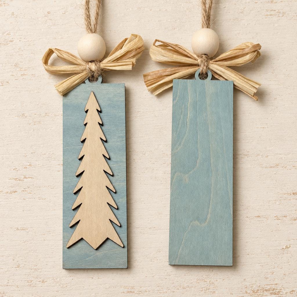 Matching Wooden Christmas Ornaments, Choose Your Tree Design, Blue or Cream Sets of 6 or 12, Winter Cottage