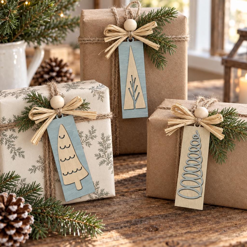 Matching Wooden Christmas Ornaments, Choose Your Tree Design, Blue or Cream Sets of 6 or 12, Winter Cottage