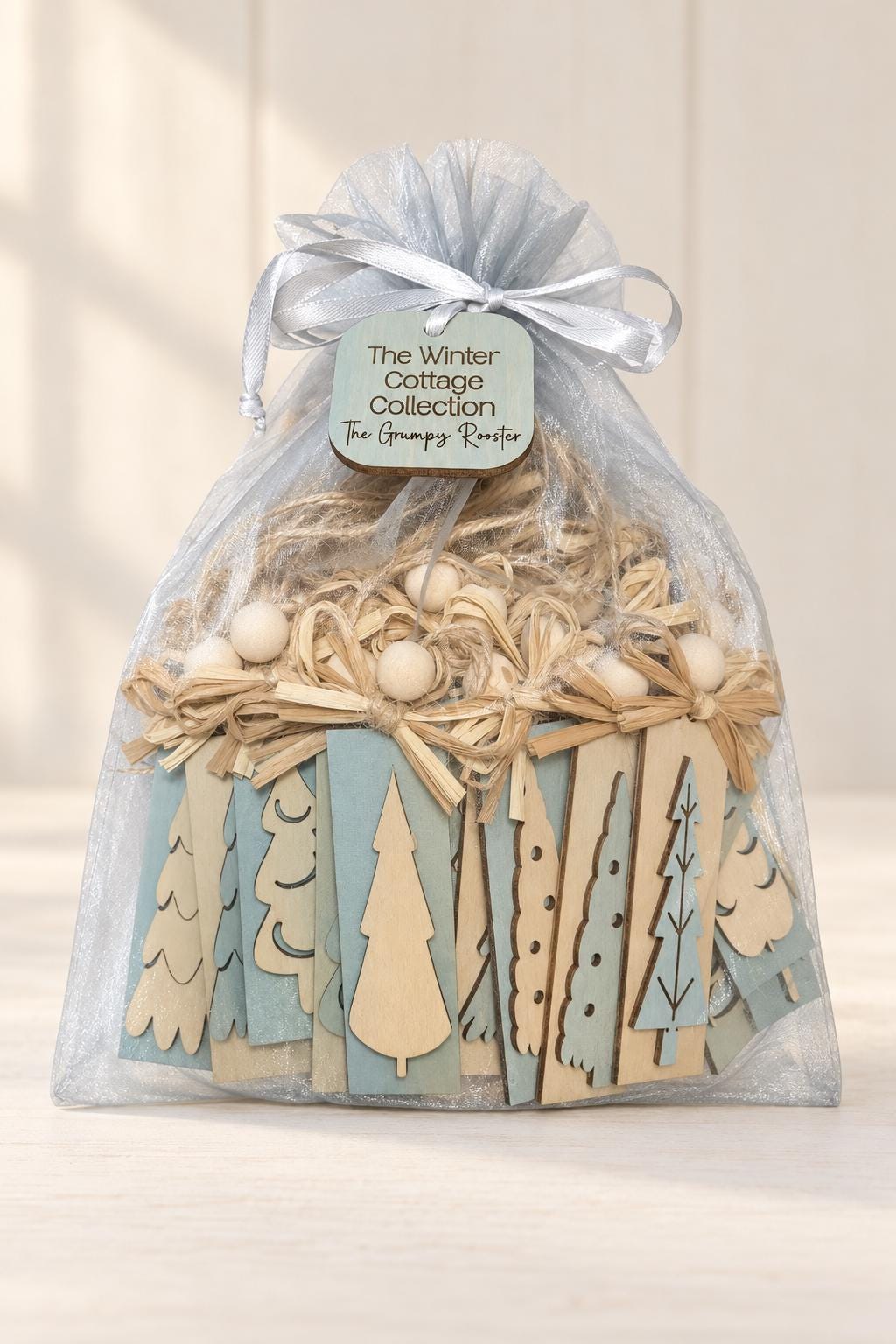 Wooden Christmas Ornaments, Blue and Cream Farmhouse Tree Sets of 6, 12 or 36, Winter Cottage Collection