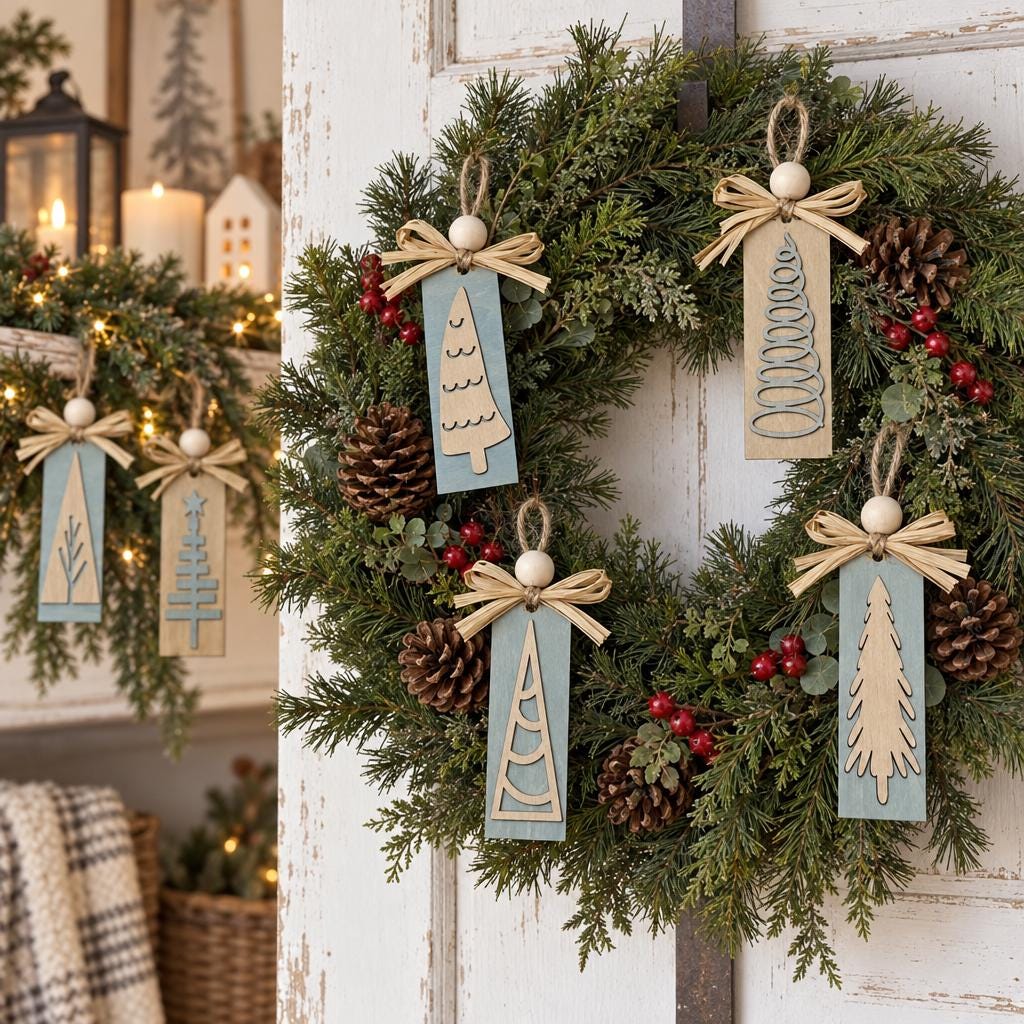 Matching Wooden Christmas Ornaments, Choose Your Tree Design, Blue or Cream Sets of 6 or 12, Winter Cottage