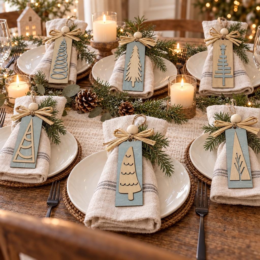 Wooden Christmas Ornaments, Blue and Cream Farmhouse Tree Sets of 6, 12 or 36, Winter Cottage Collection