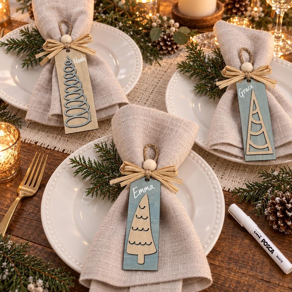 Matching Wooden Christmas Ornaments, Choose Your Tree Design, Blue or Cream Sets of 6 or 12, Winter Cottage