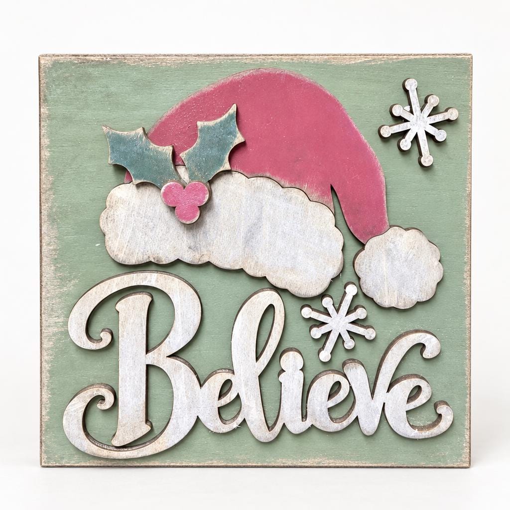 Believe Christmas Wood Shelf Sitter | Rustic Farmhouse Christmas Decor | Santa Hat Tiered Tray Sign | Holiday Gift
