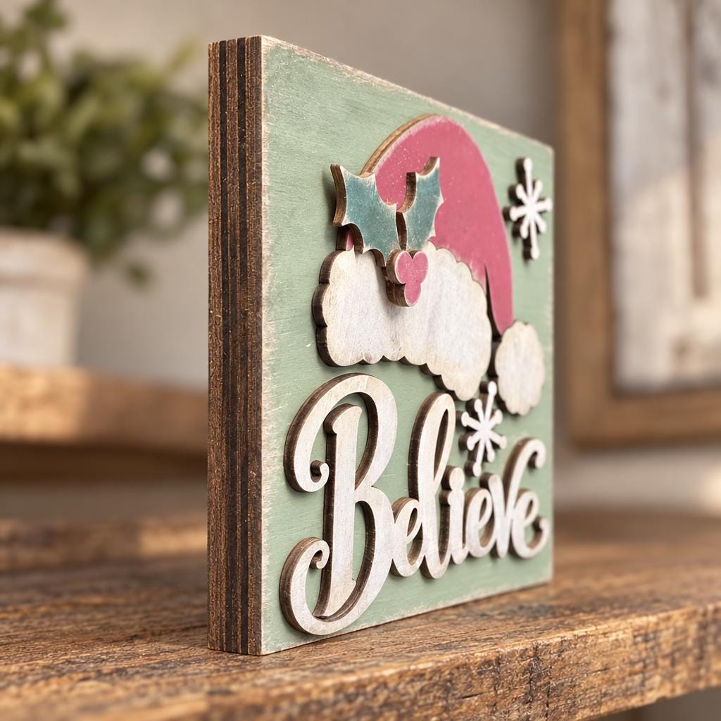 Believe Christmas Wood Shelf Sitter | Rustic Farmhouse Christmas Decor | Santa Hat Tiered Tray Sign | Holiday Gift