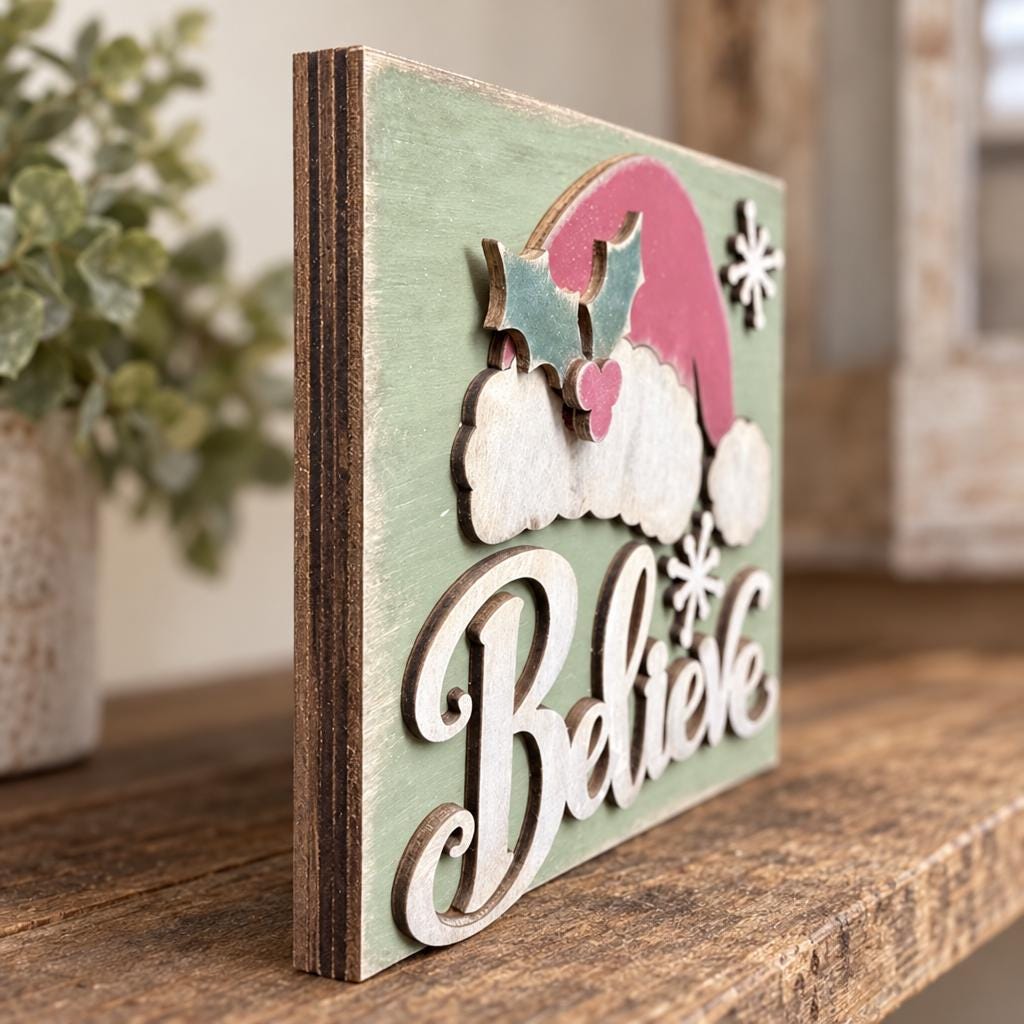 Believe Christmas Wood Shelf Sitter | Rustic Farmhouse Christmas Decor | Santa Hat Tiered Tray Sign | Holiday Gift