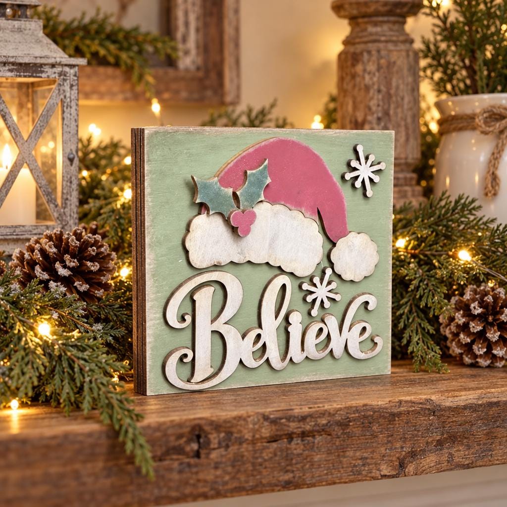 Believe Christmas Wood Shelf Sitter | Rustic Farmhouse Christmas Decor | Santa Hat Tiered Tray Sign | Holiday Gift