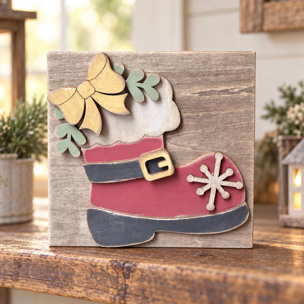Santa Boot Wooden Christmas Sign | Rustic Farmhouse Christmas Decor | 5.5 Inch Freestanding Shelf Sitter | Holiday Gift