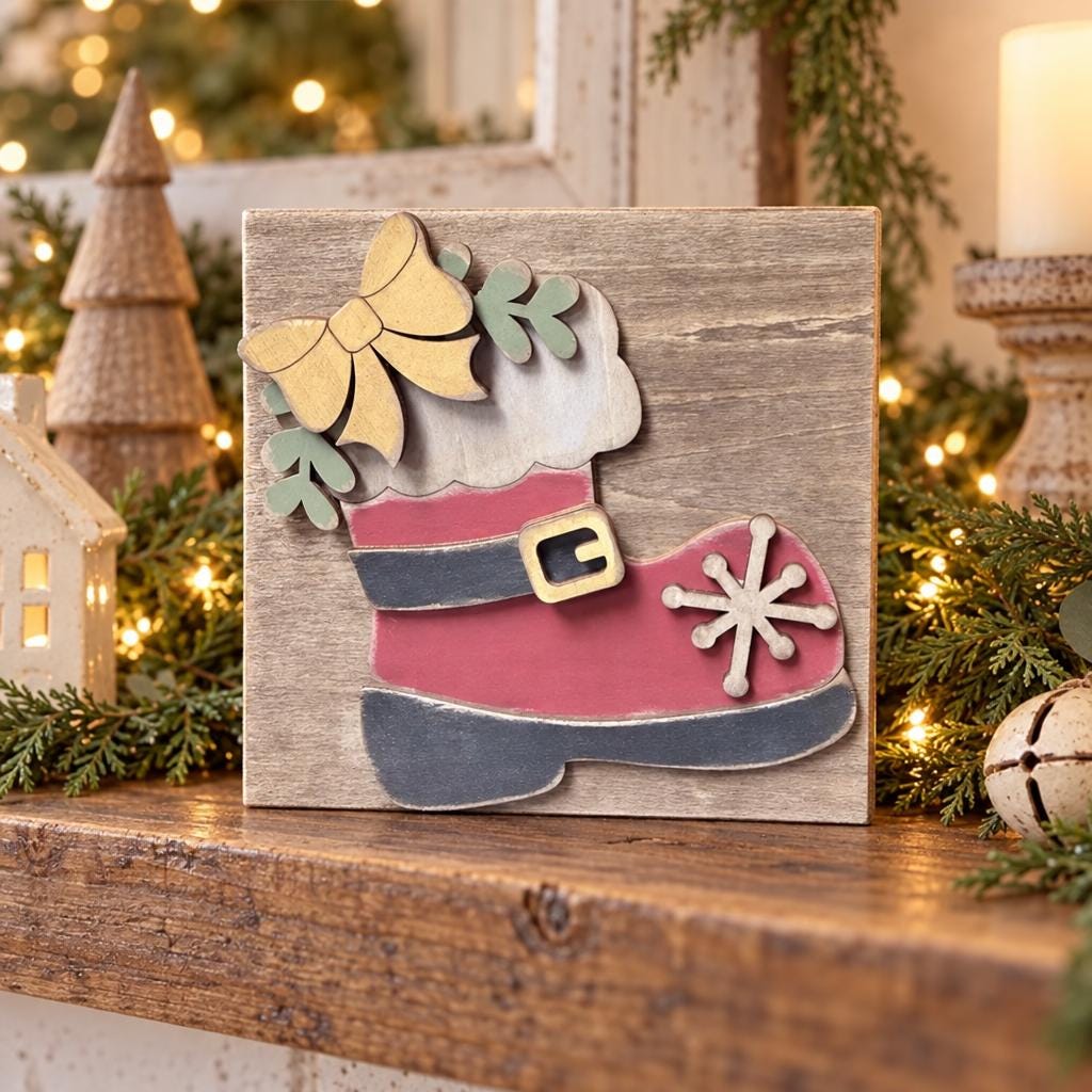 Santa Boot Wooden Christmas Sign | Rustic Farmhouse Christmas Decor | 5.5 Inch Freestanding Shelf Sitter | Holiday Gift