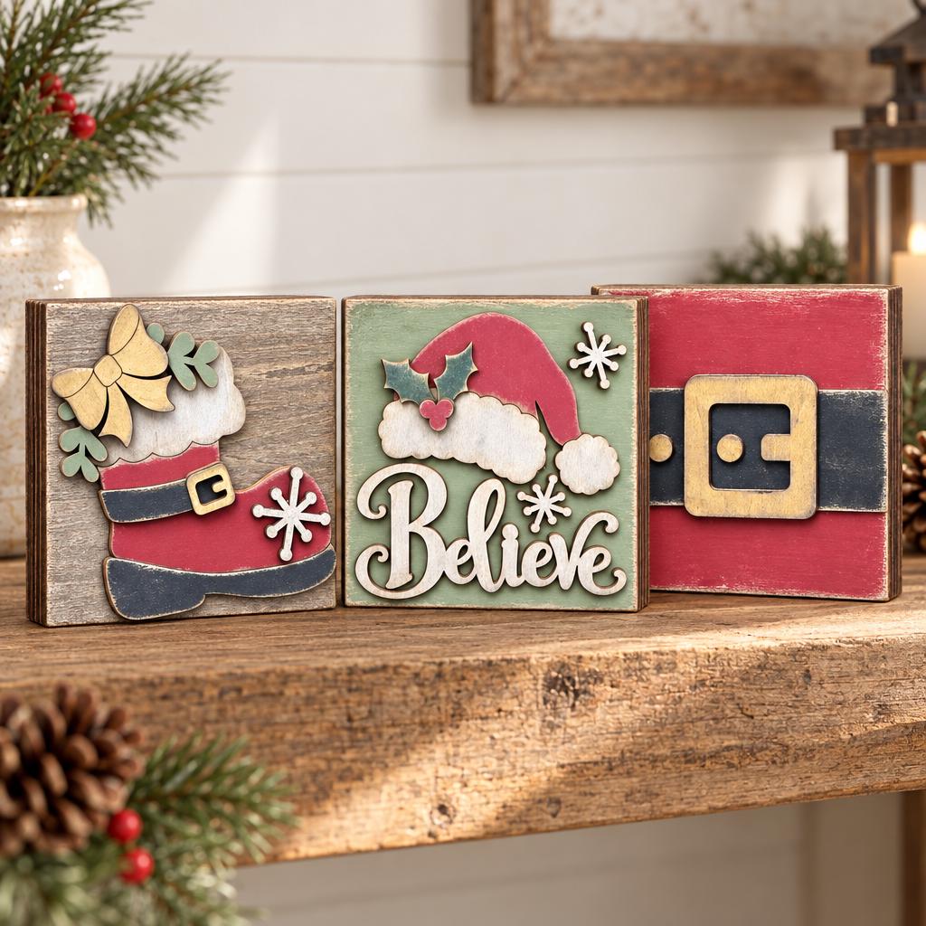 Christmas Wooden Signs Set of 3 | Rustic Farmhouse Christmas Decor | Santa Shelf Sitters | Freestanding Holiday Decor