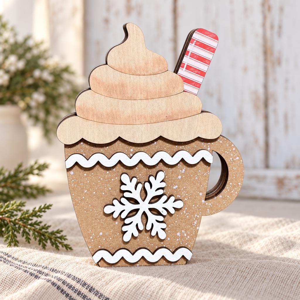Wooden Hot Cocoa Mug Shelf Sitter, Rustic Christmas Tiered Tray Decor, Gingerbread Cocoa Cup, Freestanding Winter Decoration