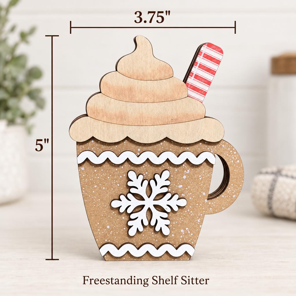 Wooden Hot Cocoa Mug Shelf Sitter, Rustic Christmas Tiered Tray Decor, Gingerbread Cocoa Cup, Freestanding Winter Decoration
