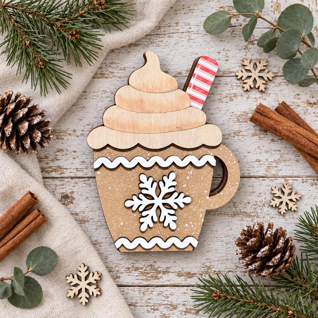 Wooden Hot Cocoa Mug Shelf Sitter, Rustic Christmas Tiered Tray Decor, Gingerbread Cocoa Cup, Freestanding Winter Decoration