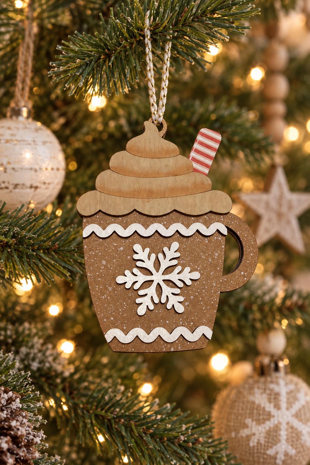 Wooden Hot Cocoa Mug Ornament | Rustic Farmhouse Christmas Decor | Gingerbread Cocoa Cup | Handmade Christmas Tree Ornament