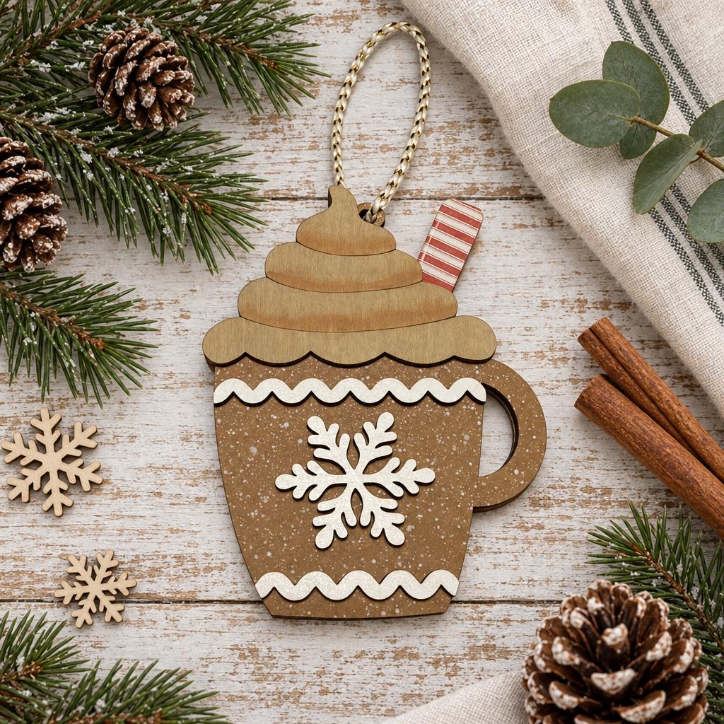 Wooden Hot Cocoa Mug Ornament | Rustic Farmhouse Christmas Decor | Gingerbread Cocoa Cup | Handmade Christmas Tree Ornament