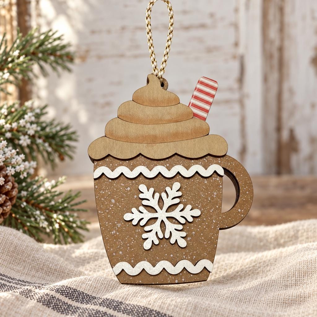 Wooden Hot Cocoa Mug Ornament | Rustic Farmhouse Christmas Decor | Gingerbread Cocoa Cup | Handmade Christmas Tree Ornament