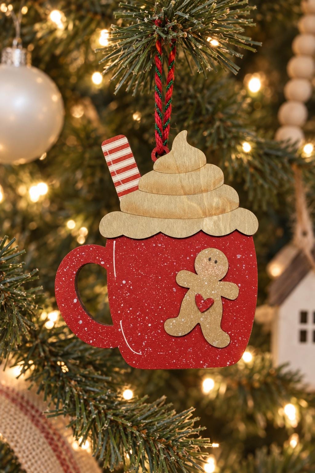 Hot Cocoa Mug Christmas Ornament | Gingerbread Man Wooden Ornament | Rustic Farmhouse Christmas Decor | Tiered Tray Gift