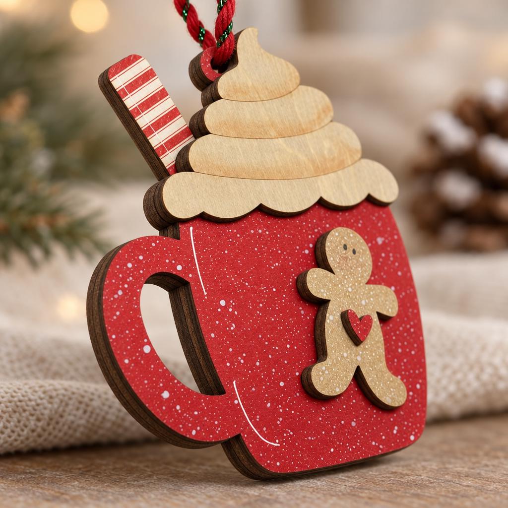 Hot Cocoa Mug Christmas Ornament | Gingerbread Man Wooden Ornament | Rustic Farmhouse Christmas Decor | Tiered Tray Gift