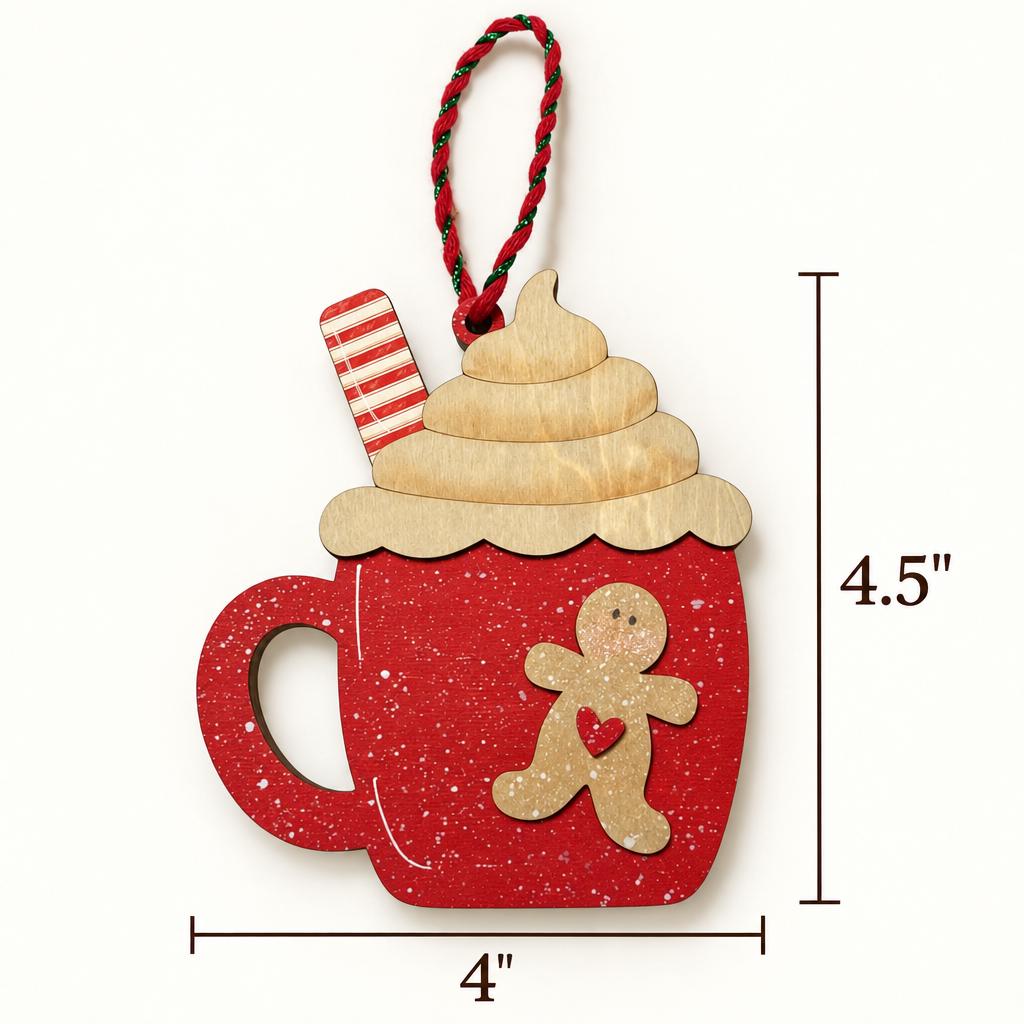Hot Cocoa Mug Christmas Ornament | Gingerbread Man Wooden Ornament | Rustic Farmhouse Christmas Decor | Tiered Tray Gift