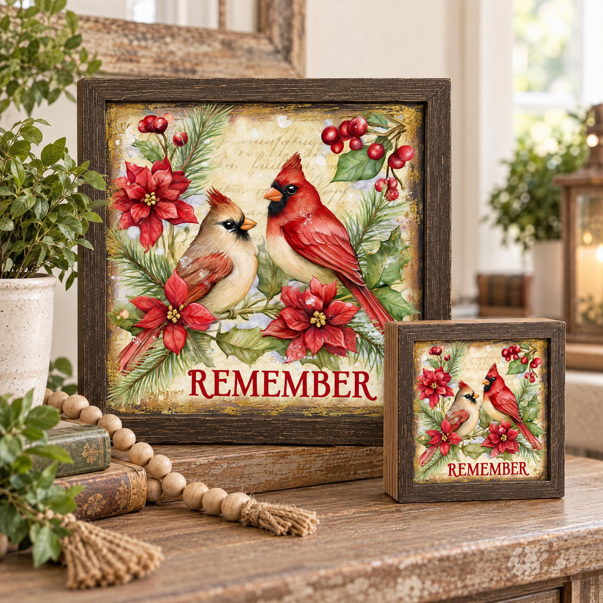 Christmas Cardinal Memorial Wood Sign | Remember Loved Ones Holiday Decor | Red Cardinal Remembrance Gift | Farmhouse Shelf Sitter