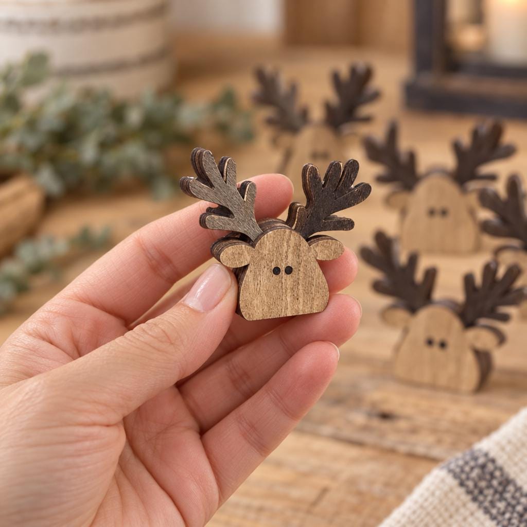 Mini Wooden Reindeer Shelf Sitters | Set of 3 or 6 | Rustic Farmhouse Christmas Decor | Tiered Tray Decorations