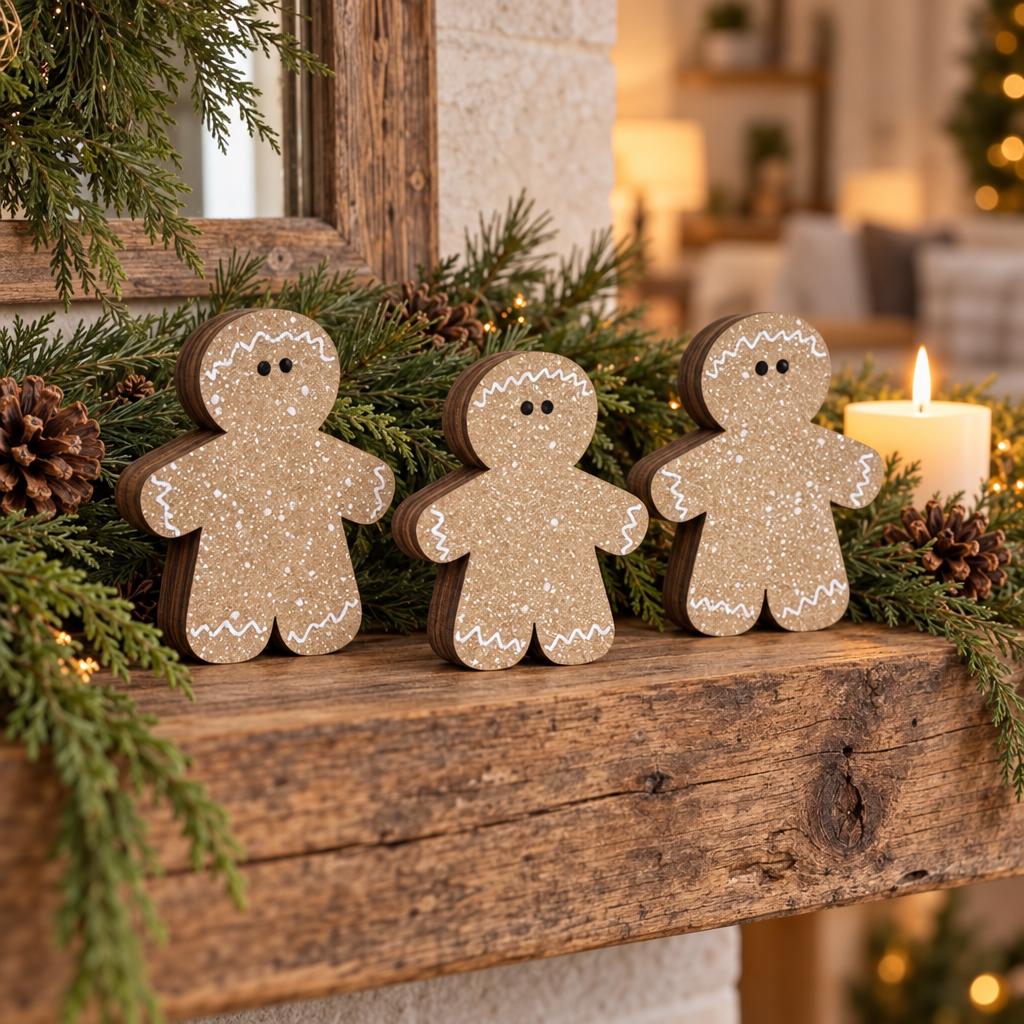 Mini Gingerbread Man Shelf Sitters | Rustic Wooden Christmas Decor | Tiered Tray Gingerbread Decorations | Farmhouse Holiday Decor