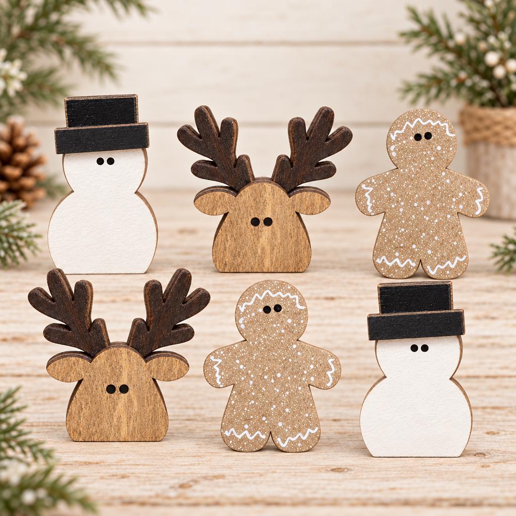 Mini Christmas Shelf Sitters Set of 6 | Wooden Snowman Reindeer Gingerbread Decor | Rustic Farmhouse Tiered Tray Christmas Decorations