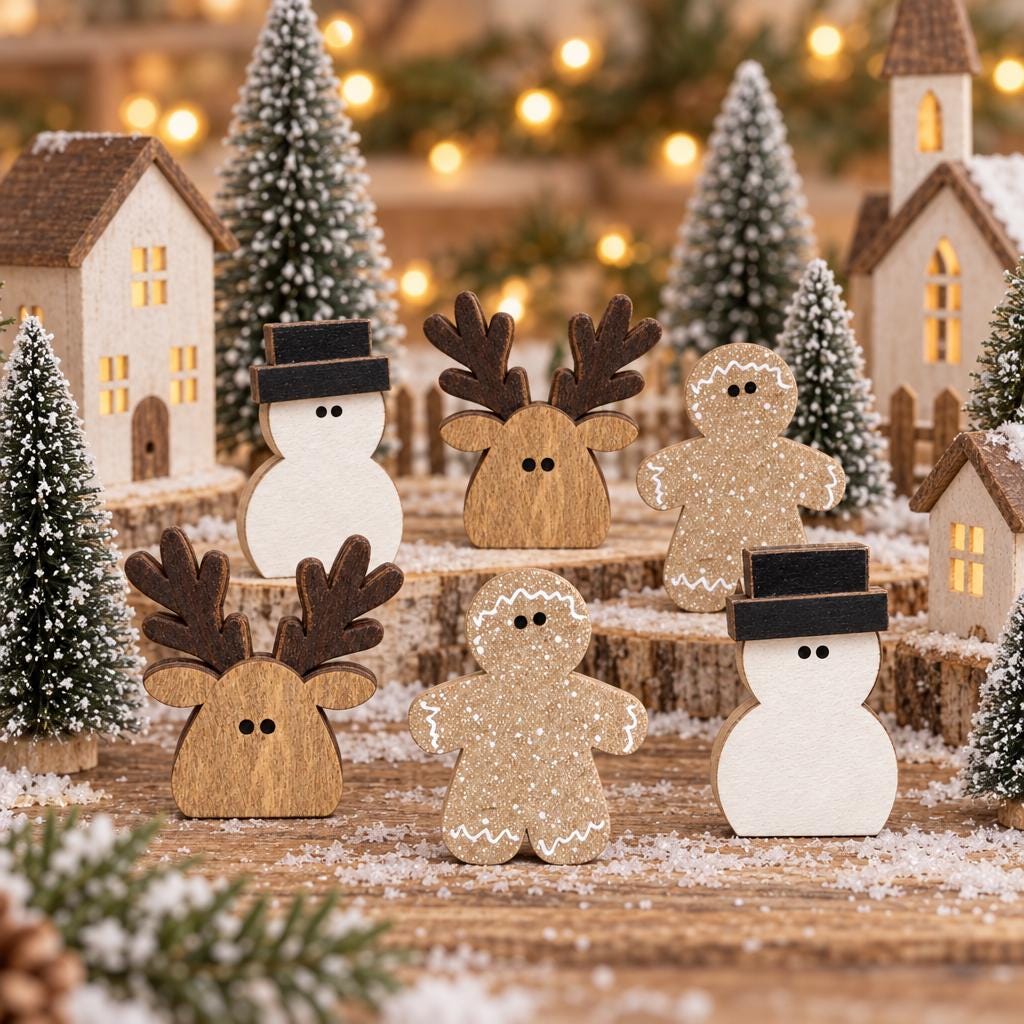 Mini Christmas Shelf Sitters Set of 6 | Wooden Snowman Reindeer Gingerbread Decor | Rustic Farmhouse Tiered Tray Christmas Decorations