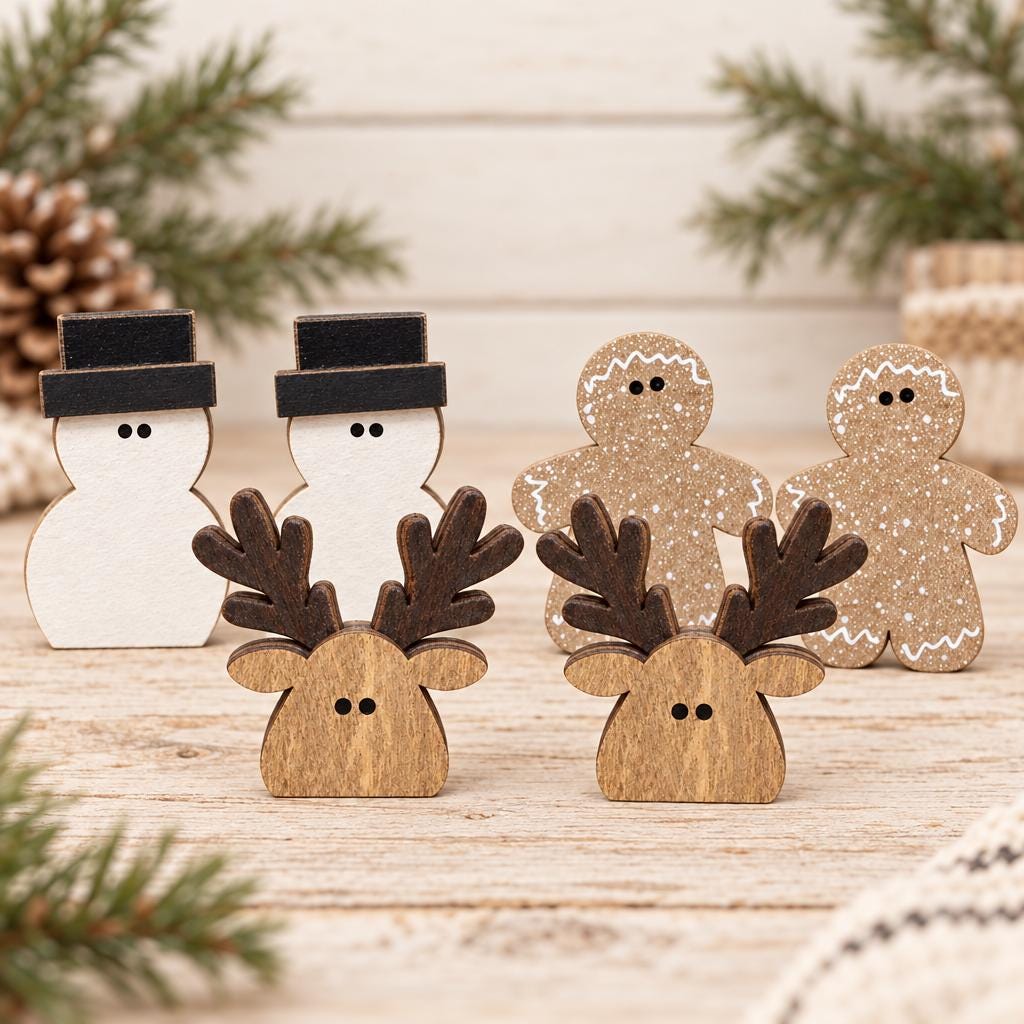 Mini Christmas Shelf Sitters Set of 6 | Wooden Snowman Reindeer Gingerbread Decor | Rustic Farmhouse Tiered Tray Christmas Decorations