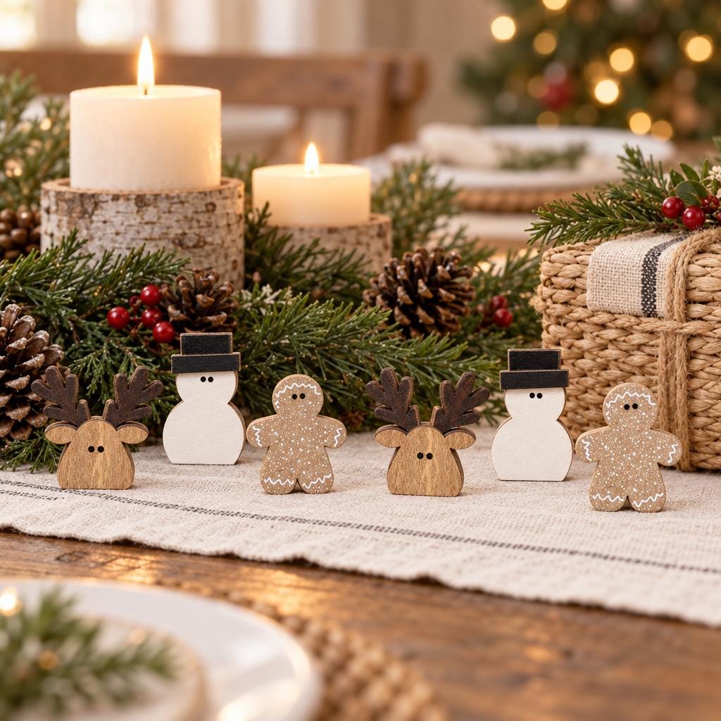 Mini Christmas Shelf Sitters Set of 6 | Wooden Snowman Reindeer Gingerbread Decor | Rustic Farmhouse Tiered Tray Christmas Decorations