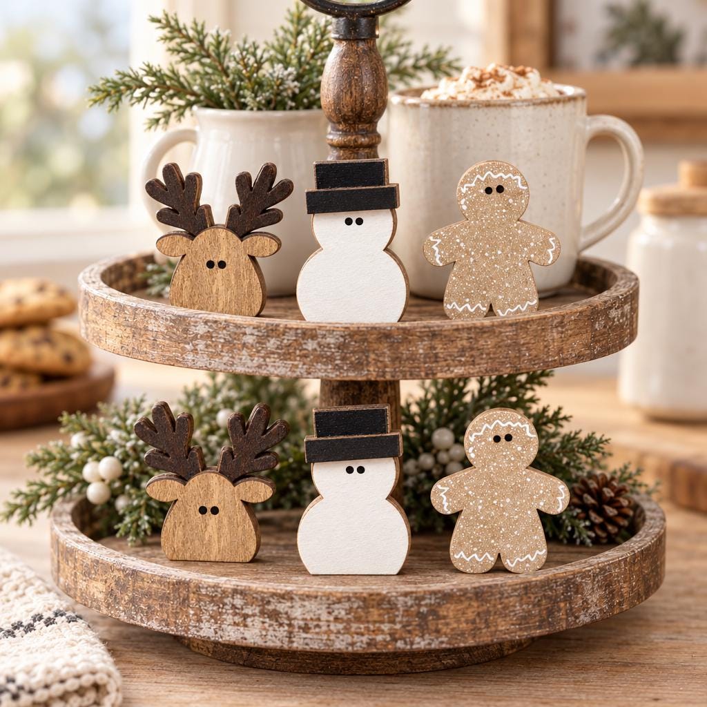 Mini Christmas Shelf Sitters Set of 6 | Wooden Snowman Reindeer Gingerbread Decor | Rustic Farmhouse Tiered Tray Christmas Decorations