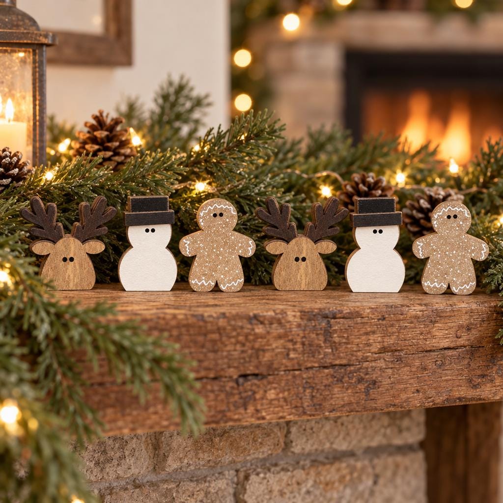 Mini Christmas Shelf Sitters Set of 6 | Wooden Snowman Reindeer Gingerbread Decor | Rustic Farmhouse Tiered Tray Christmas Decorations