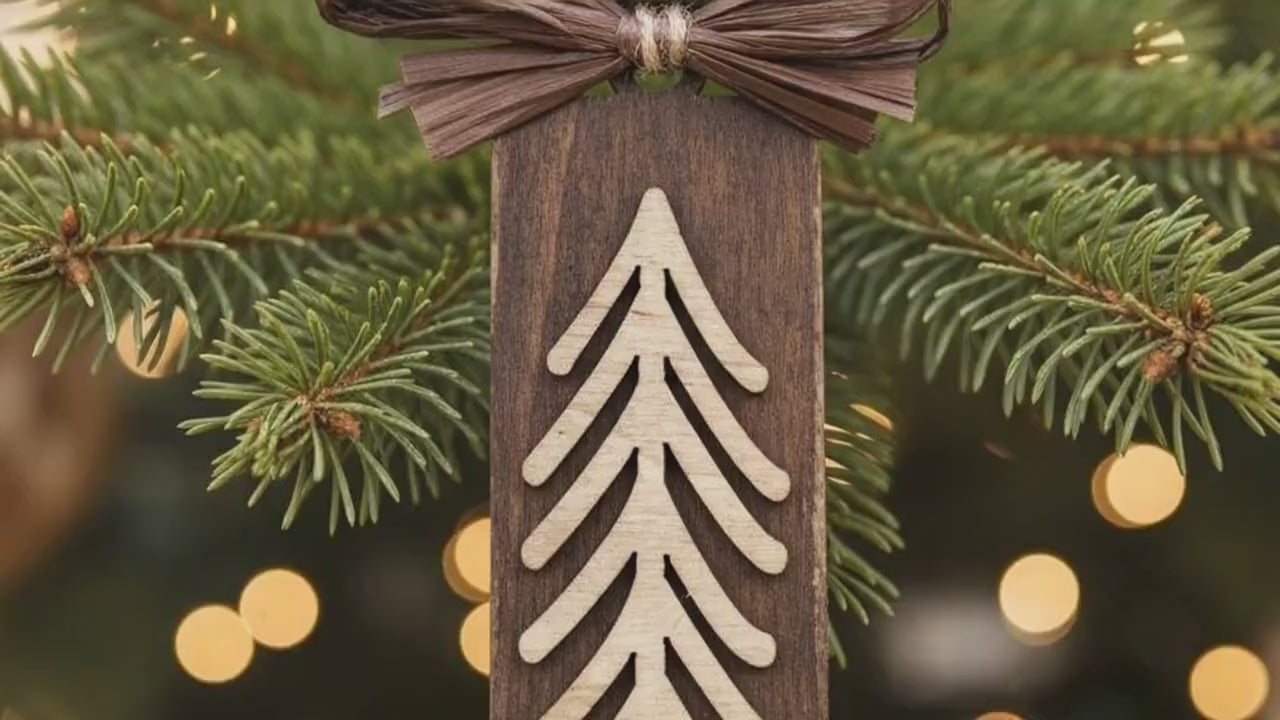 Rustic Evergreen Tree Ornaments – Set of 3 – Tall Layered Wood Design with Brown Bow – Limited Edition Handmade Christmas Decor