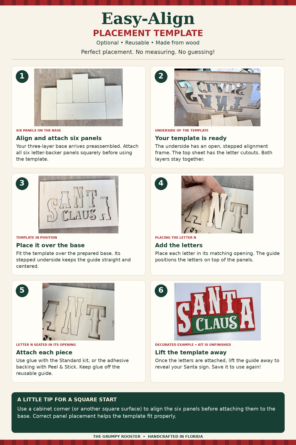 Optional reusable Easy-Align Placement Template: actual-photo assembly guide